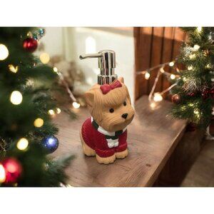 New Christmas Holiday Yorike Dog In Red Sweater W/ Bow Soap Dispenser Decoration